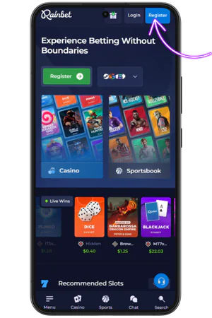 Rainbet Hauptbildschirm mit Registrierungsbutton