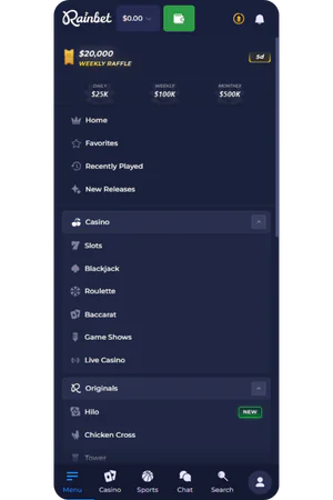 Screenshot Rainbet Navigationsmenü